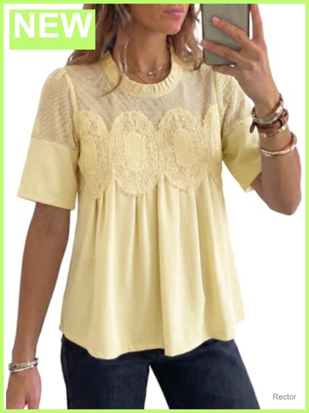Lace Blouse Flared Short Sleeve Embroidered Mesh Shirt